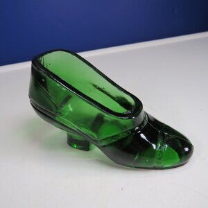 One Green Glass Shoe Low Heel, Pointed Toe 2.75" tall (has some small chips)